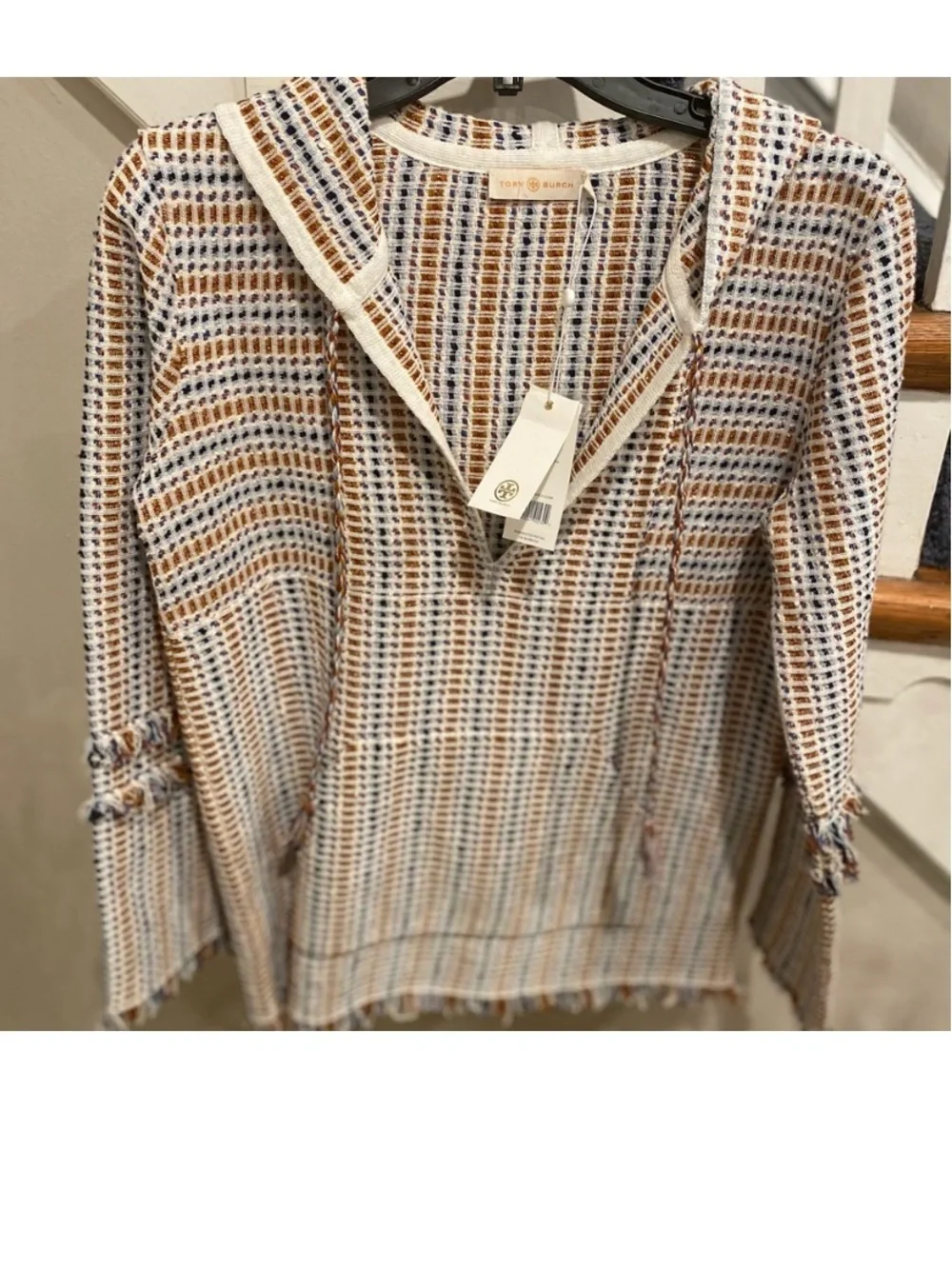 Tory Burch Woven Hooded Tunic in White, Tan & Blue SP